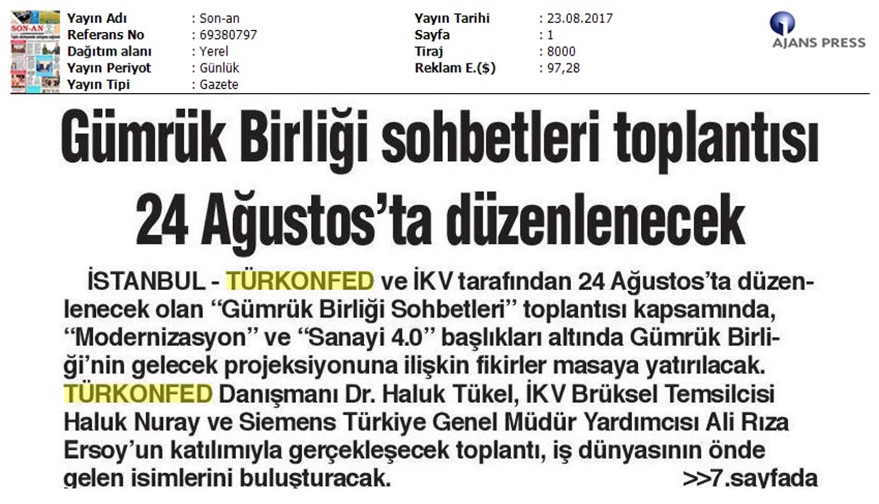 TÜRKONFED Ikv Gumruk Birligi Sohbetleri Medya Yansimalari 24 Agustos 2017 Istanbul - 11