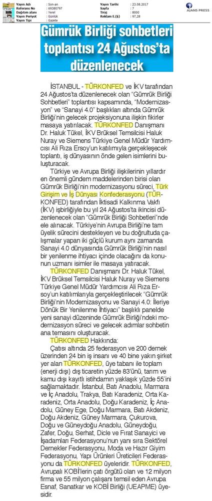 TÜRKONFED Ikv Gumruk Birligi Sohbetleri Medya Yansimalari 24 Agustos 2017 Istanbul - 27