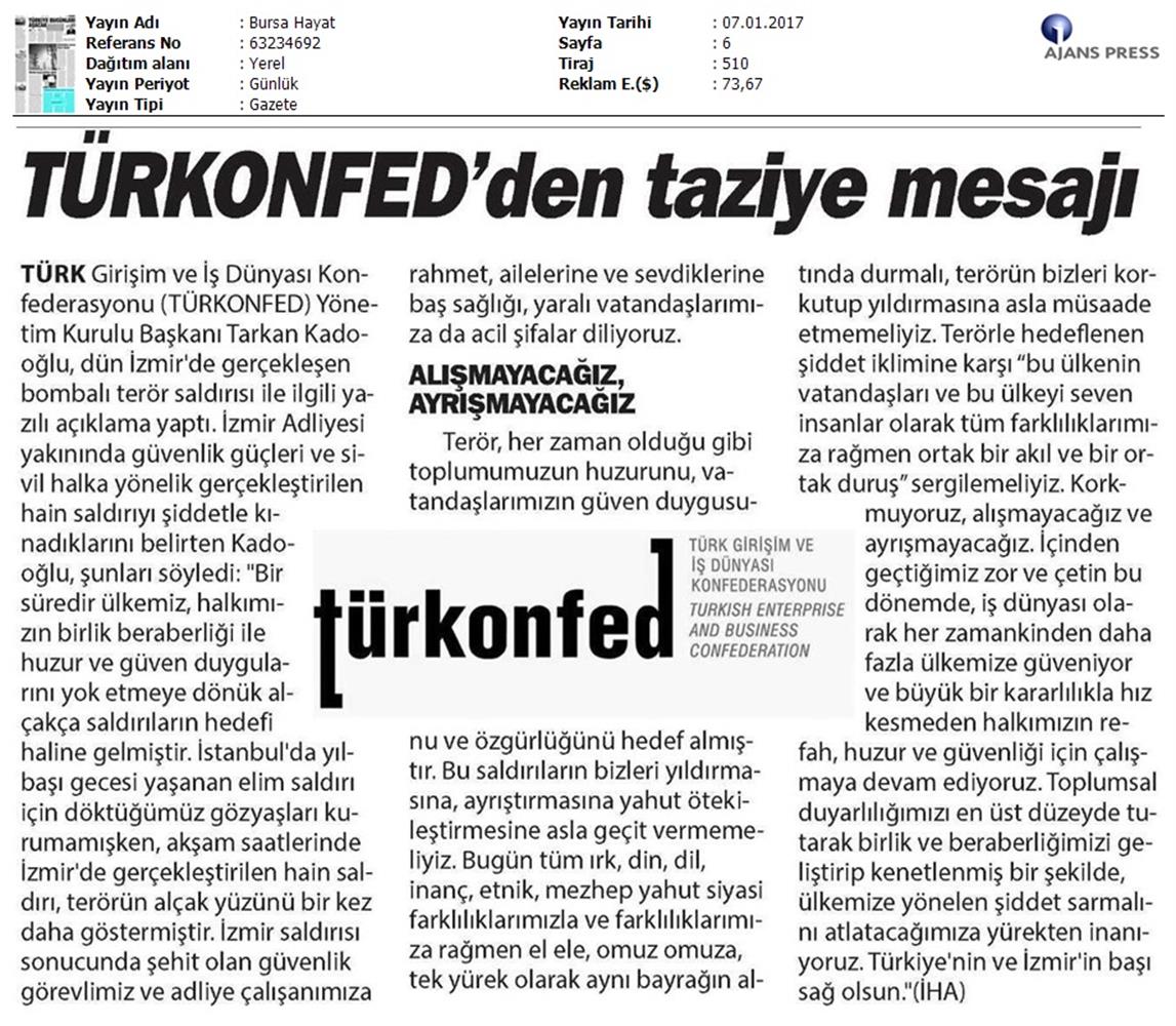TÜRKONFED Izmir Teror Saldirisi Kinama Mesaji Medya Yansimalari 07012017 - 1