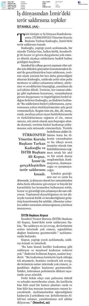 TÜRKONFED Izmir Teror Saldirisi Kinama Mesaji Medya Yansimalari 07012017 - 8