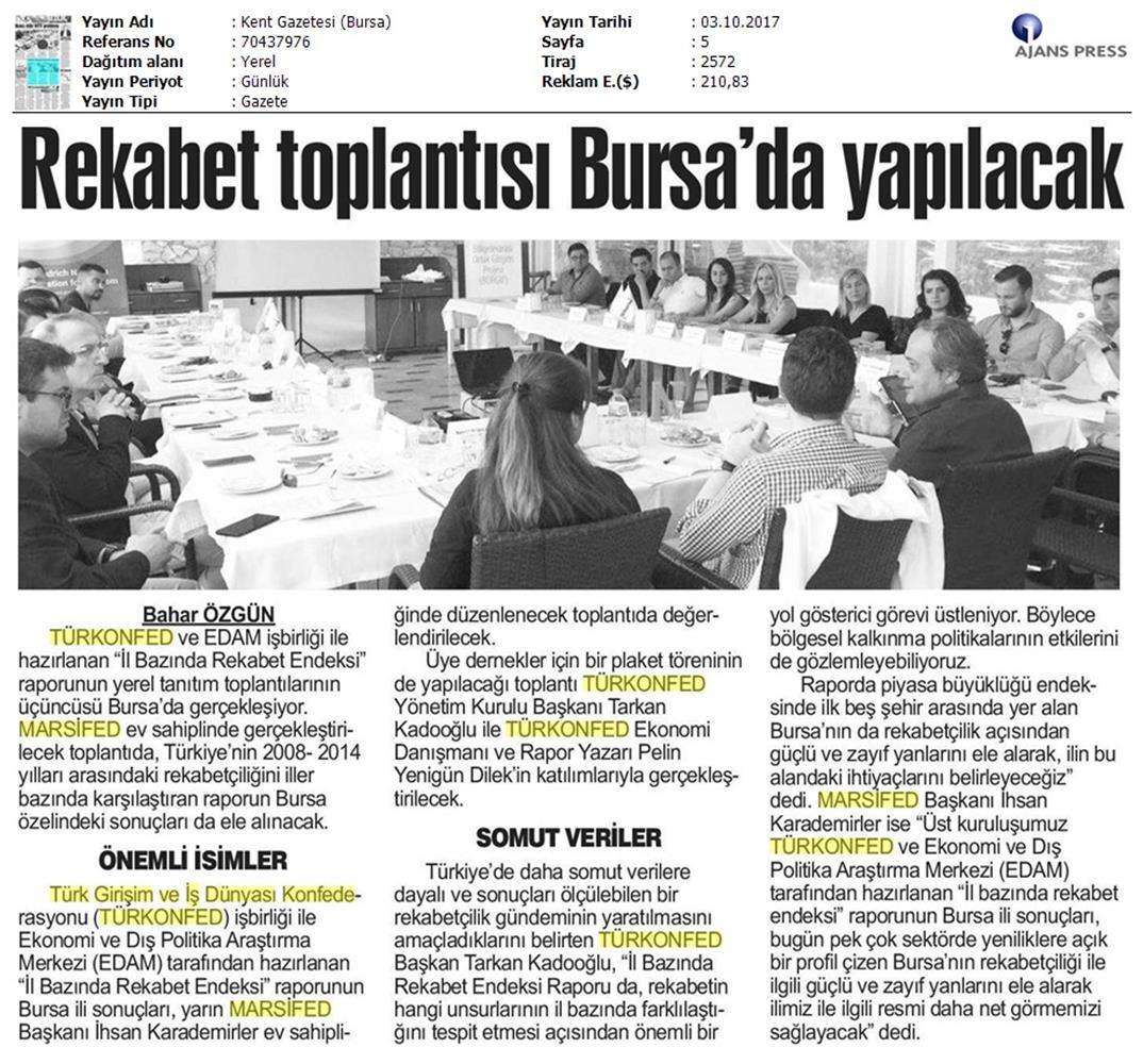 TÜRKONFED Marsifed Türkiye Icin Bir Rekabet Endeksi Raporu Bursa Toplantısı Medya Yansimalari 3 Ekim 2017 - 2