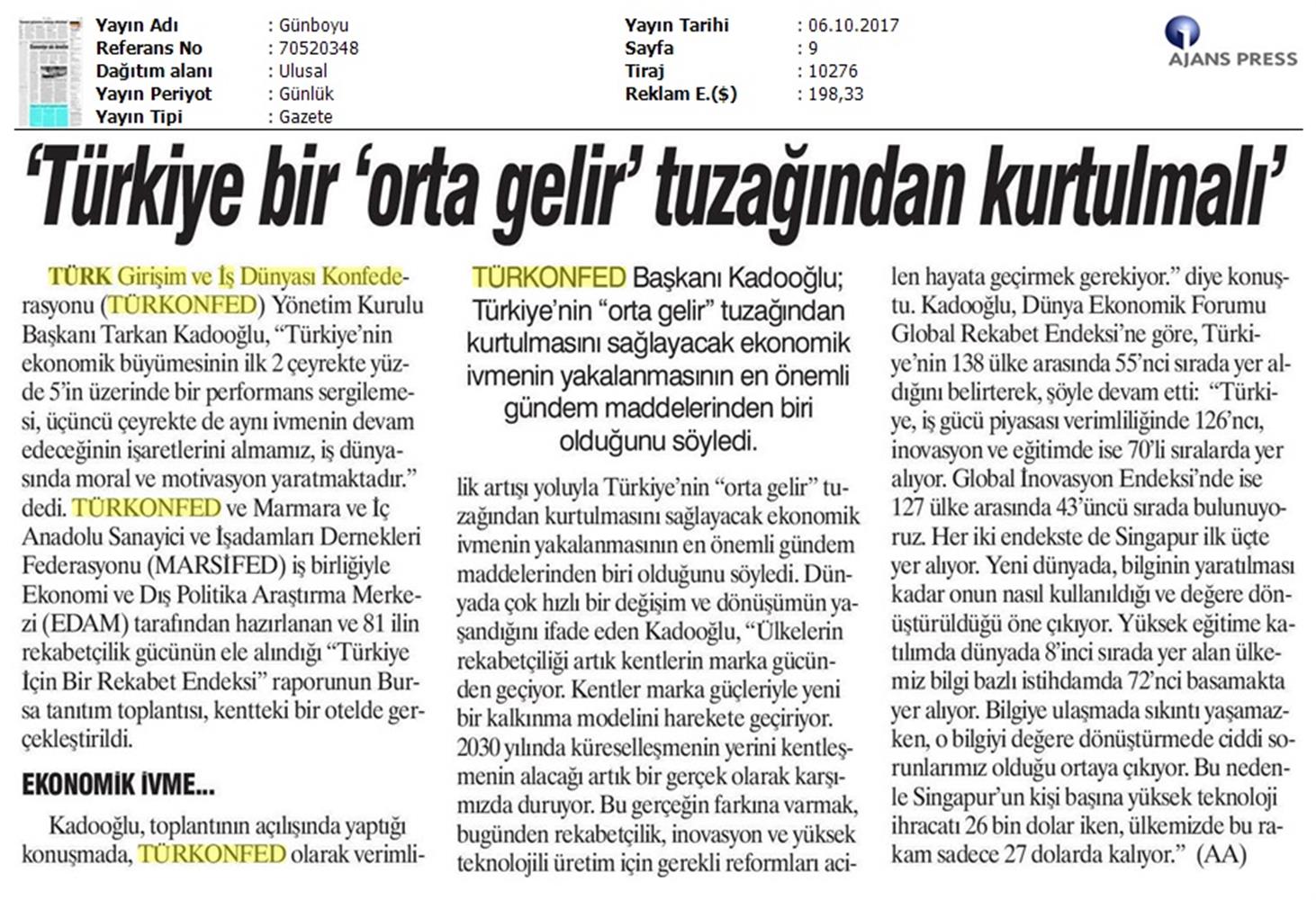TÜRKONFED Marsifed Türkiye Icin Bir Rekabet Endeksi Raporu Bursa Toplantısı Medya Yansimalari 3 Ekim 2017 - 9