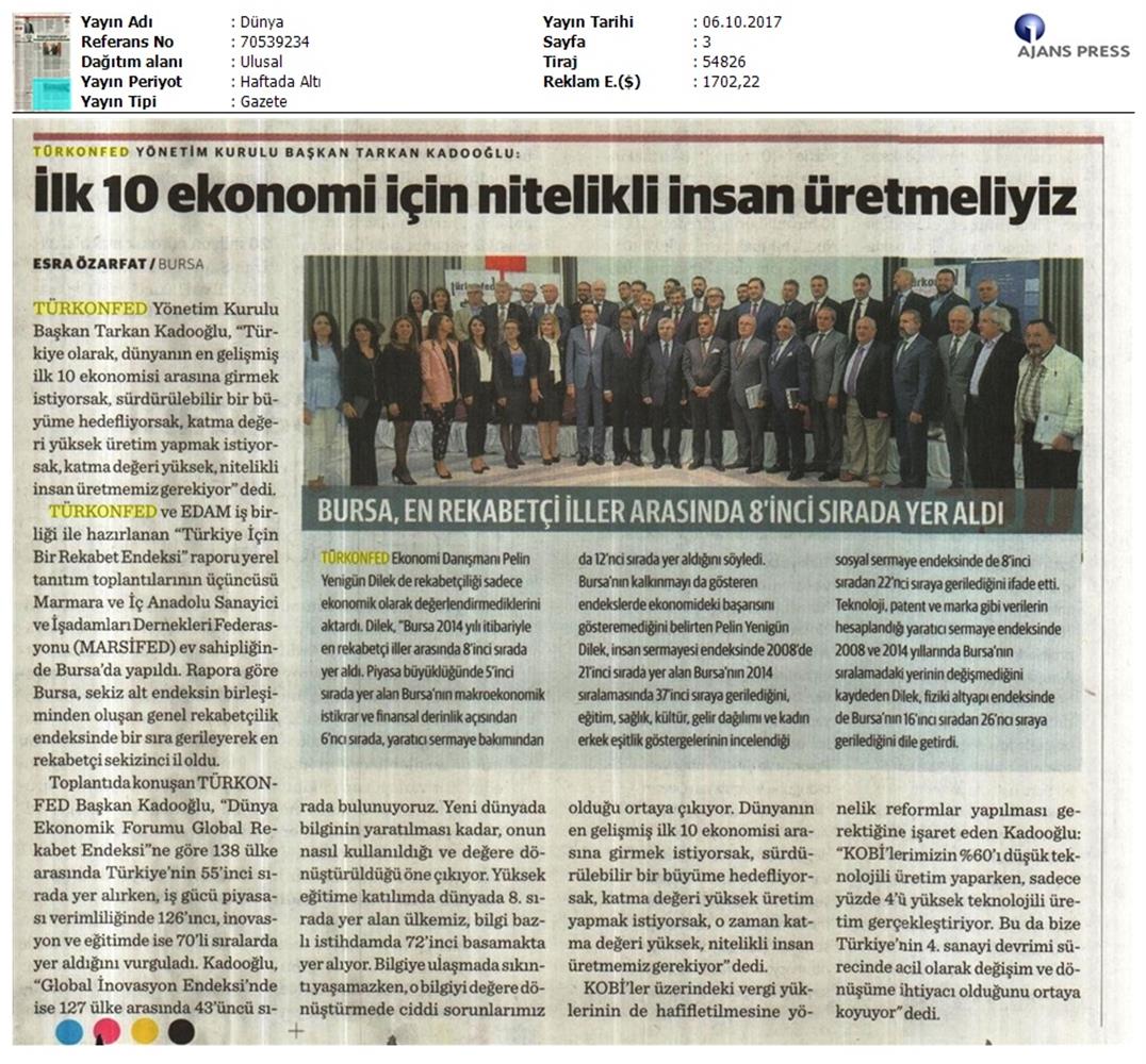 TÜRKONFED Marsifed Türkiye Icin Bir Rekabet Endeksi Raporu Bursa Toplantısı Medya Yansimalari 3 Ekim 2017 - 23