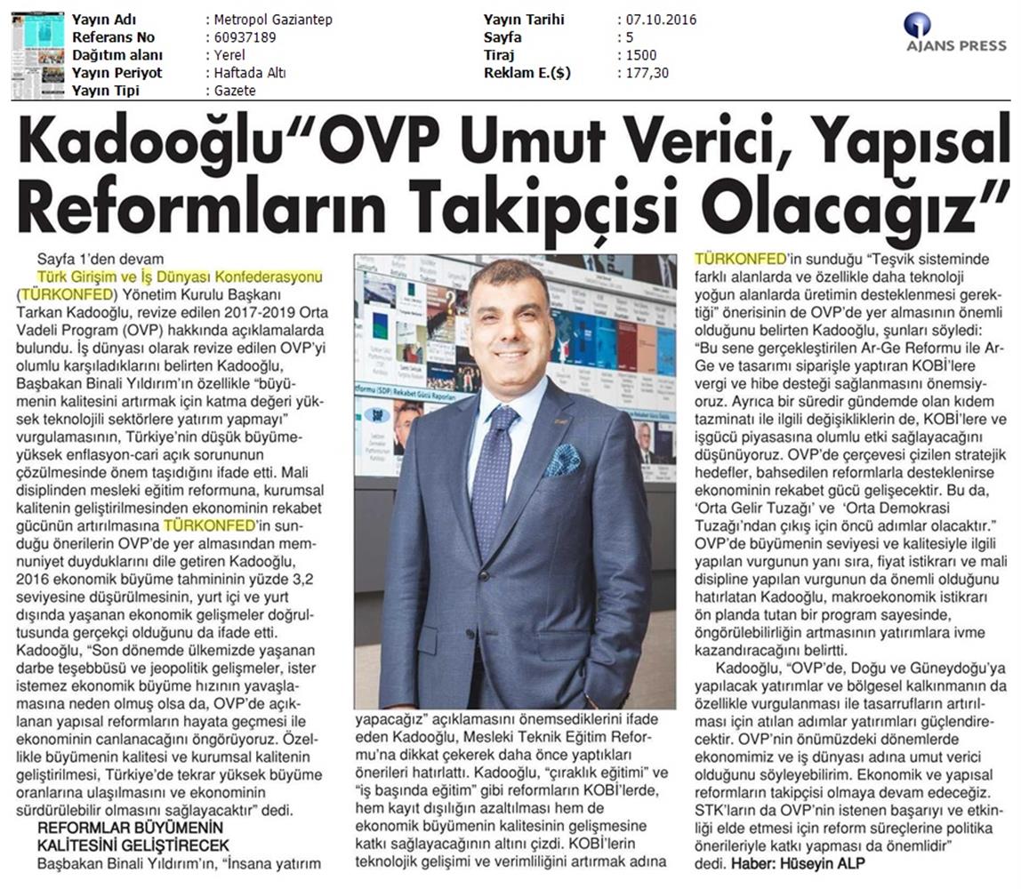 TÜRKONFED OVP Basin Aciklamasi Medya Yansimalari 7 Ekim 2016 - 2