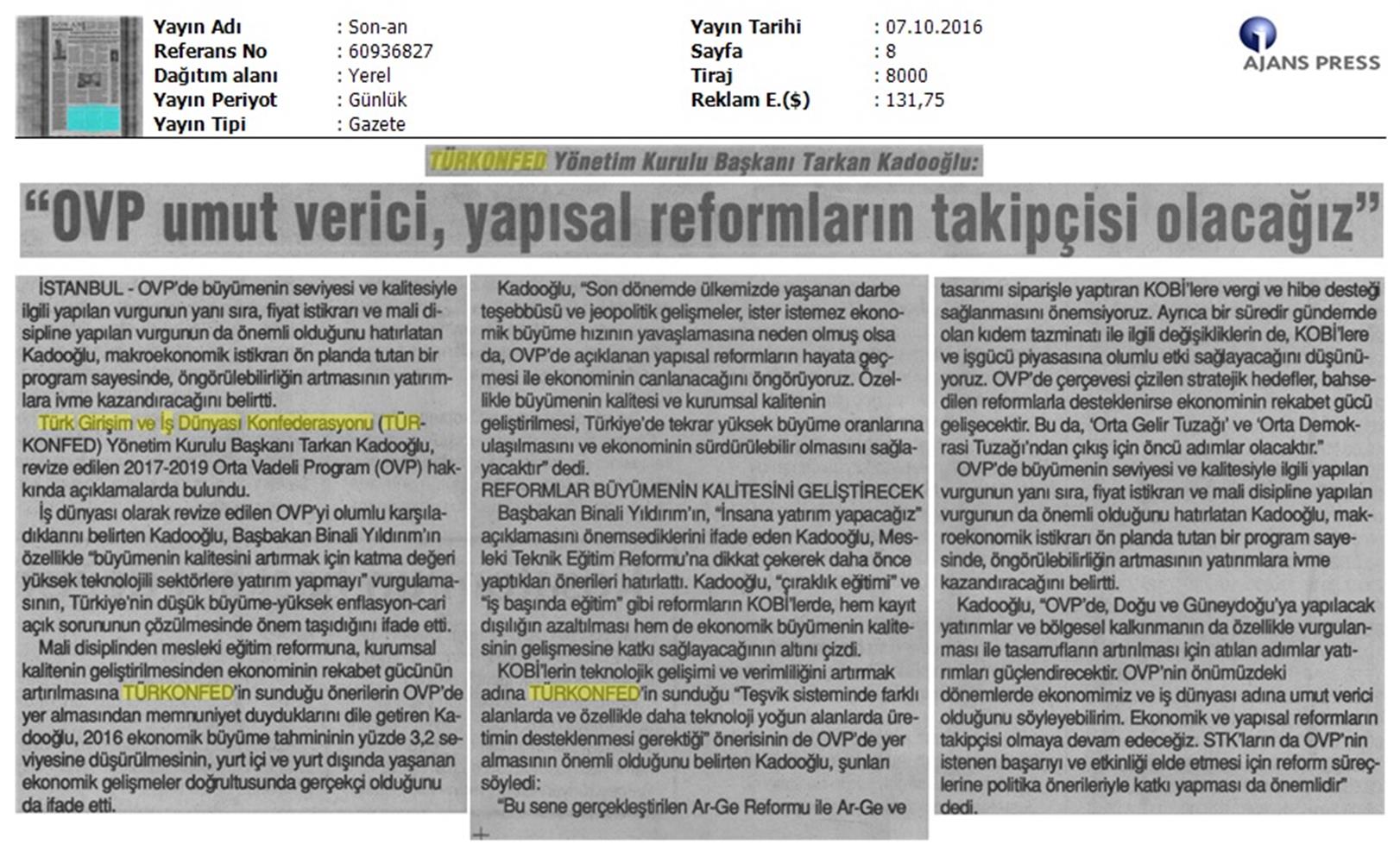 TÜRKONFED OVP Basin Aciklamasi Medya Yansimalari 7 Ekim 2016 - 7