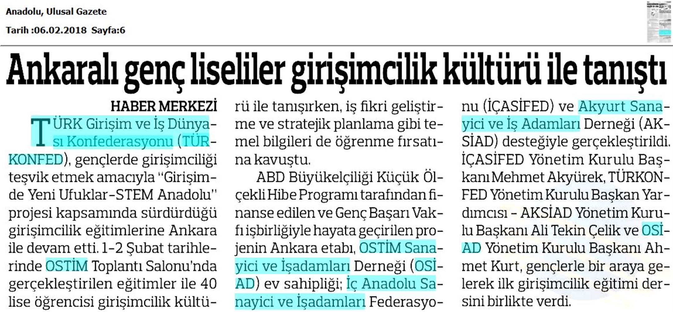 TÜRKONFED STEM Anadolu Ankara Egitimi Medya Yansimalari 1 2 Subat 2018 Ankara - 9