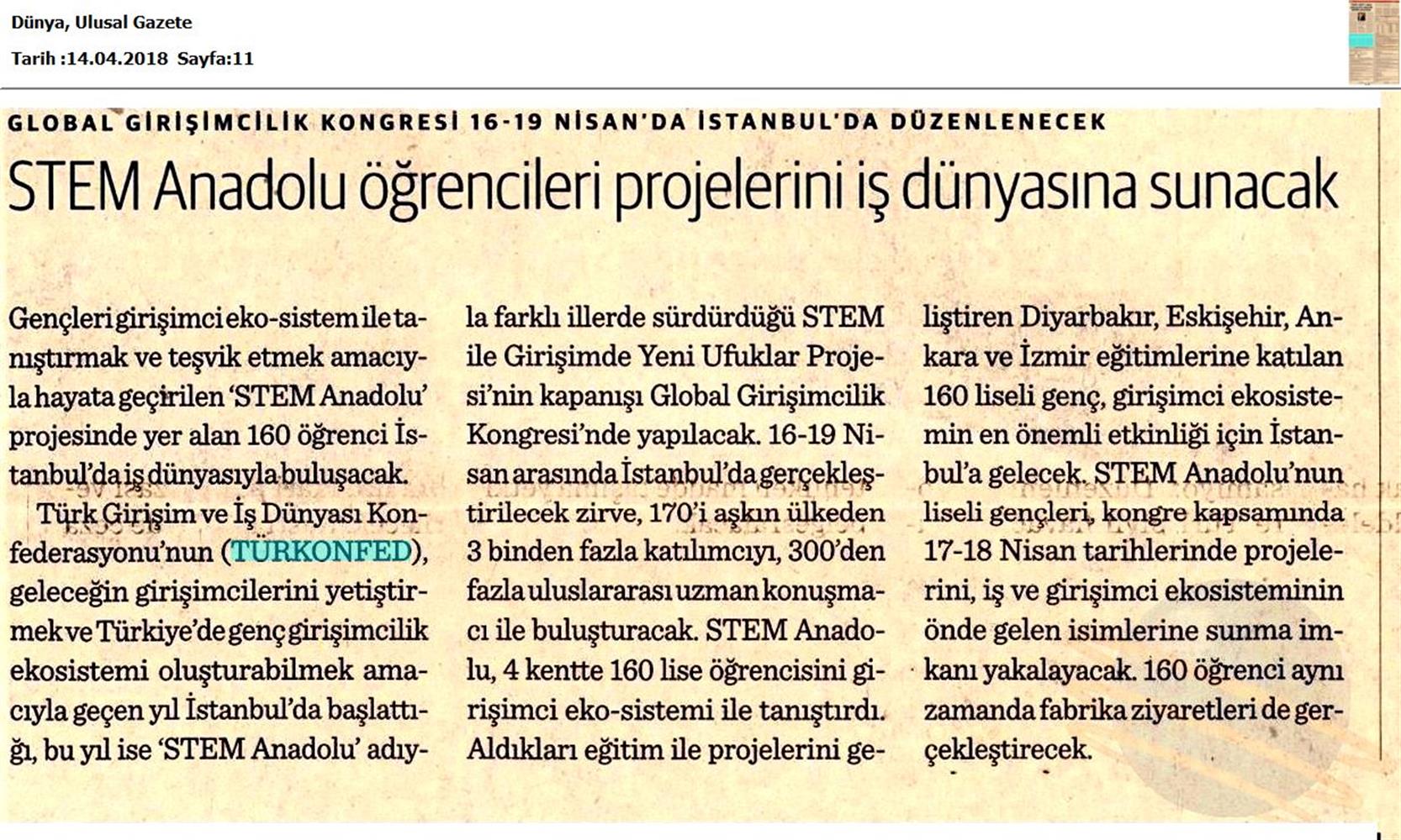 TÜRKONFED STEM Anadolu Global Girişimcilik Kongresi Medya Yansimalari 17 18 Nisan 2018 Istanbul - 9