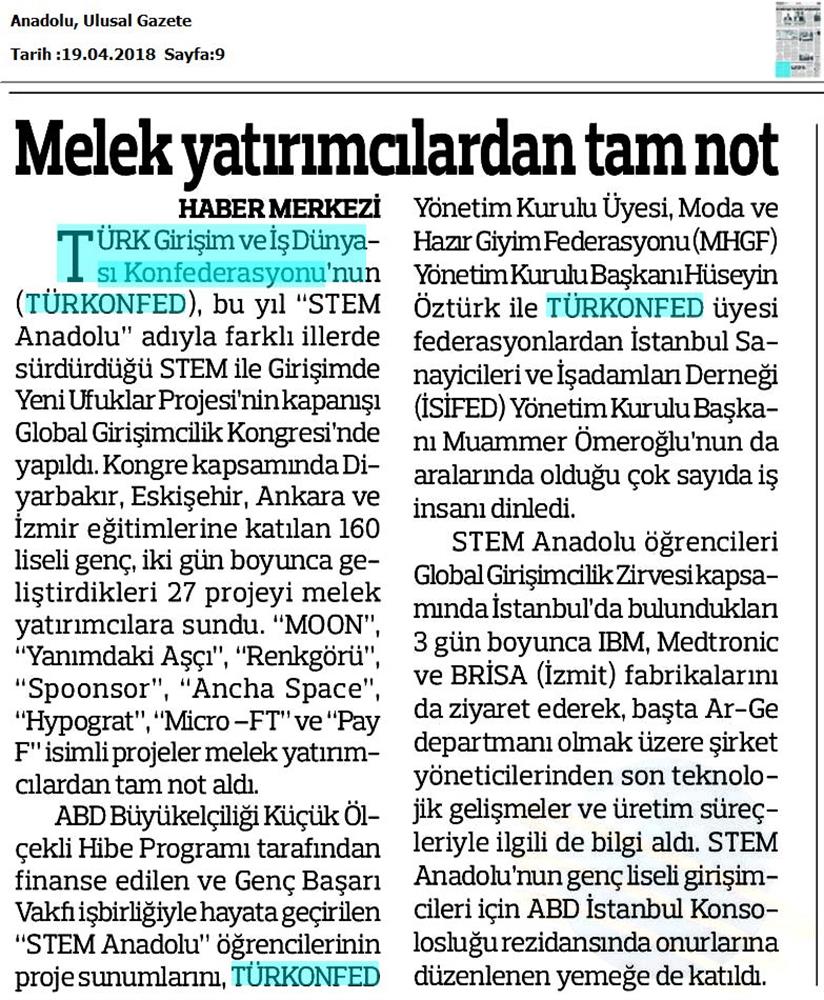 TÜRKONFED STEM Anadolu Global Girişimcilik Kongresi Medya Yansimalari 17 18 Nisan 2018 Istanbul - 28