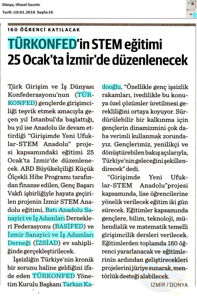 TÜRKONFED STEM Anadolu Izmir Egitimi Medya Yansimalari 27 Ocak 2018 Izmir - 11