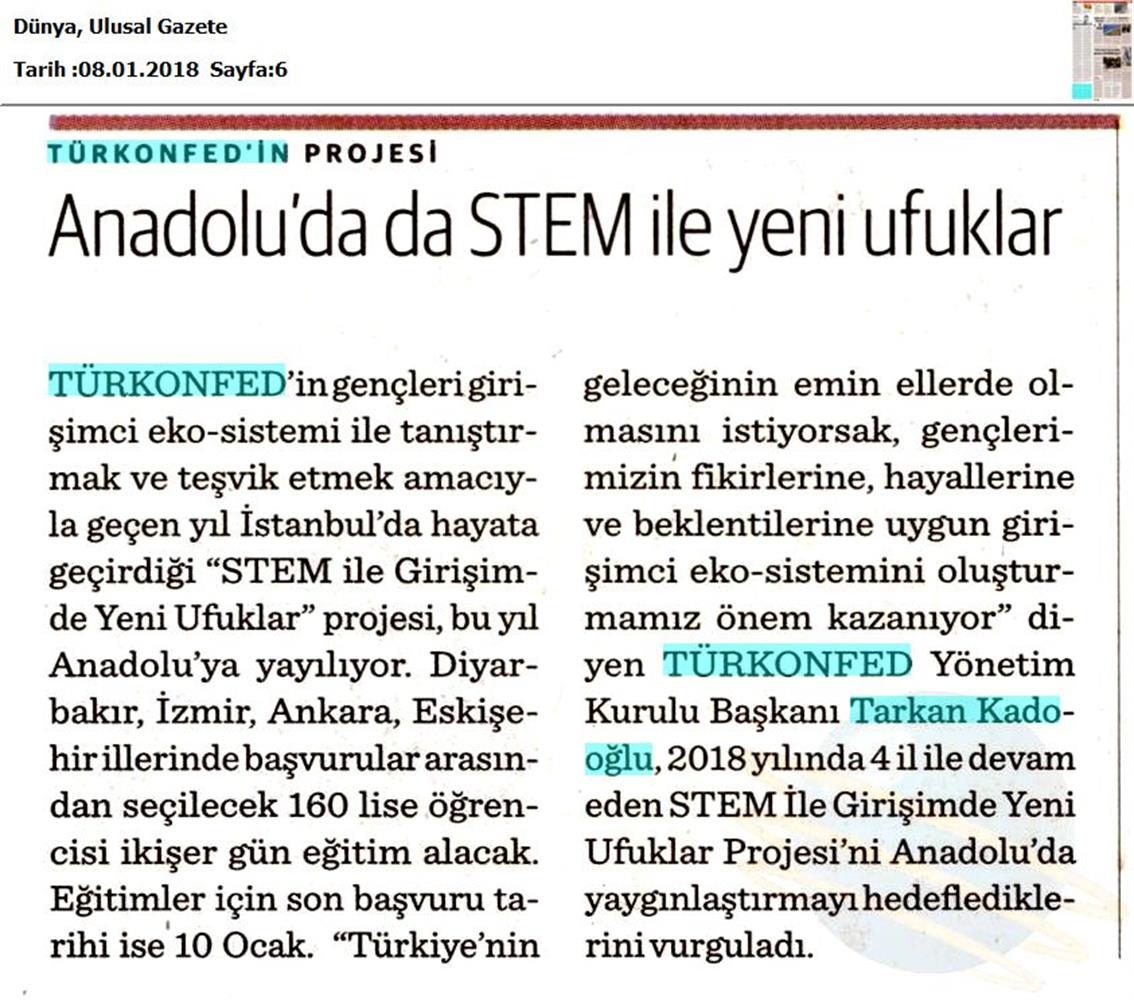 TÜRKONFED STEM Egitimini Anadoluya Yayiyor Medya Yansimalari 6 Ocak 2018 - 10