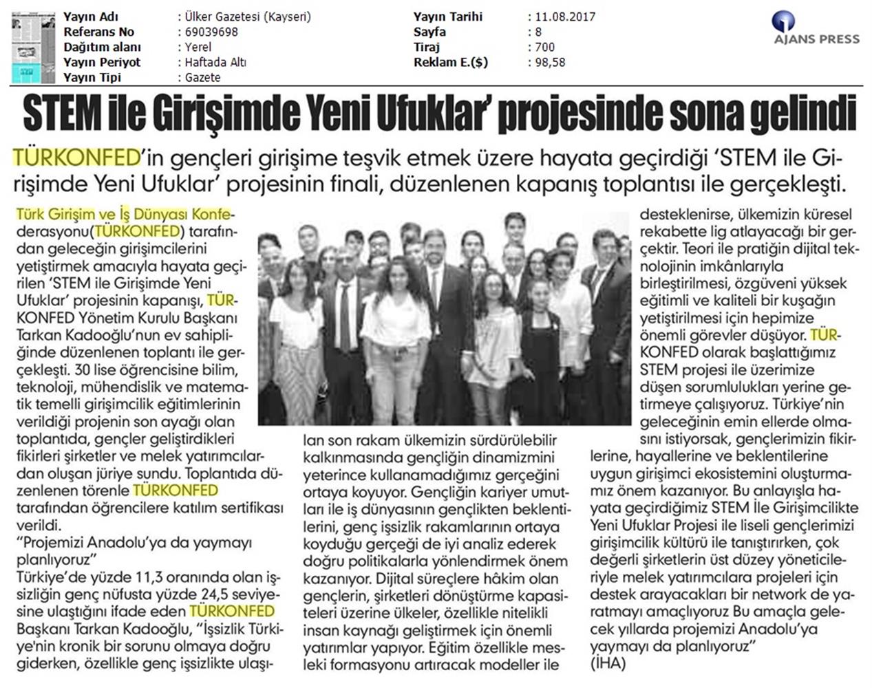 TÜRKONFED STEM Ile Yeni Ufuklar Projesi Kapanis Toplantısı Medya Yansimalari 9 Agustos 2017 - 2