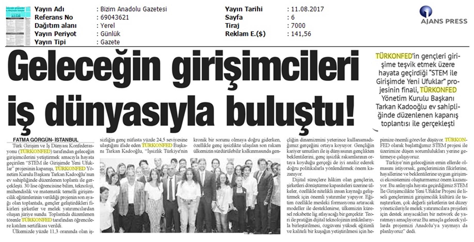 TÜRKONFED STEM Ile Yeni Ufuklar Projesi Kapanis Toplantısı Medya Yansimalari 9 Agustos 2017 - 4
