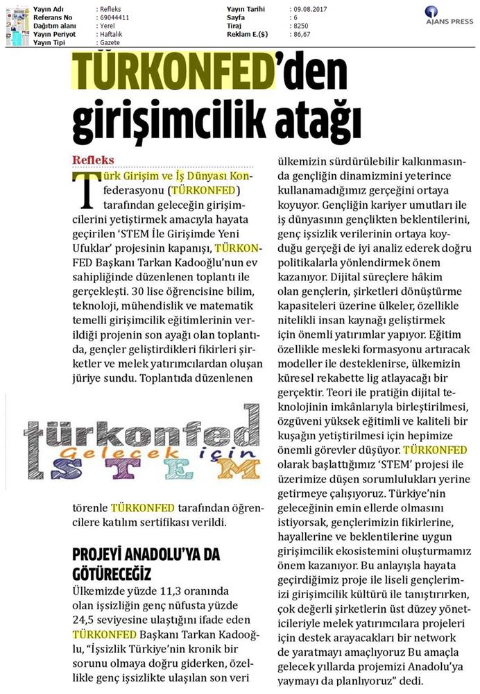 TÜRKONFED STEM Ile Yeni Ufuklar Projesi Kapanis Toplantısı Medya Yansimalari 9 Agustos 2017 - 6