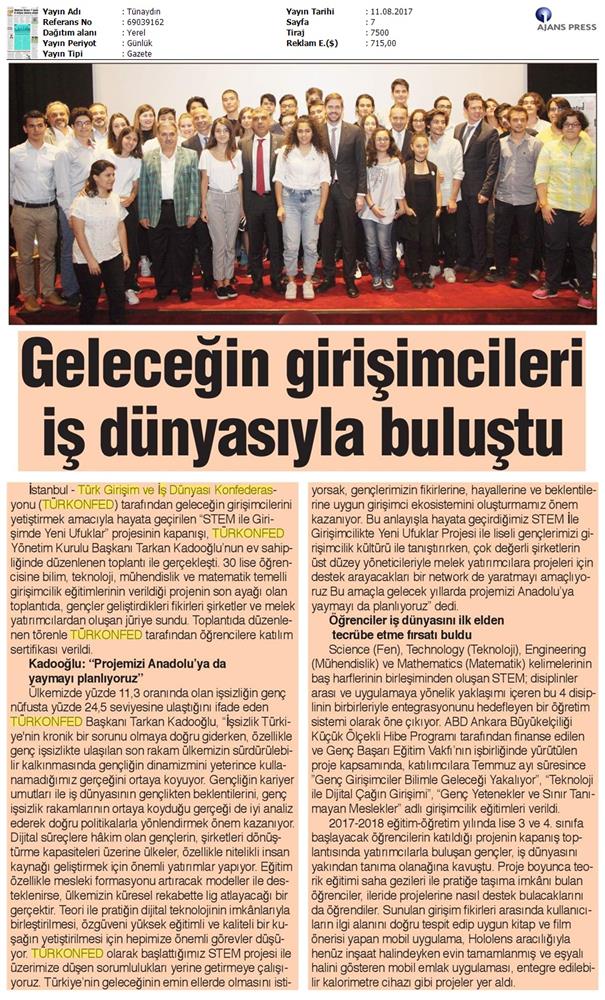 TÜRKONFED STEM Ile Yeni Ufuklar Projesi Kapanis Toplantısı Medya Yansimalari 9 Agustos 2017 - 9