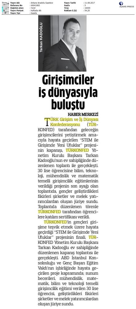 TÜRKONFED STEM Ile Yeni Ufuklar Projesi Kapanis Toplantısı Medya Yansimalari 9 Agustos 2017 - 13