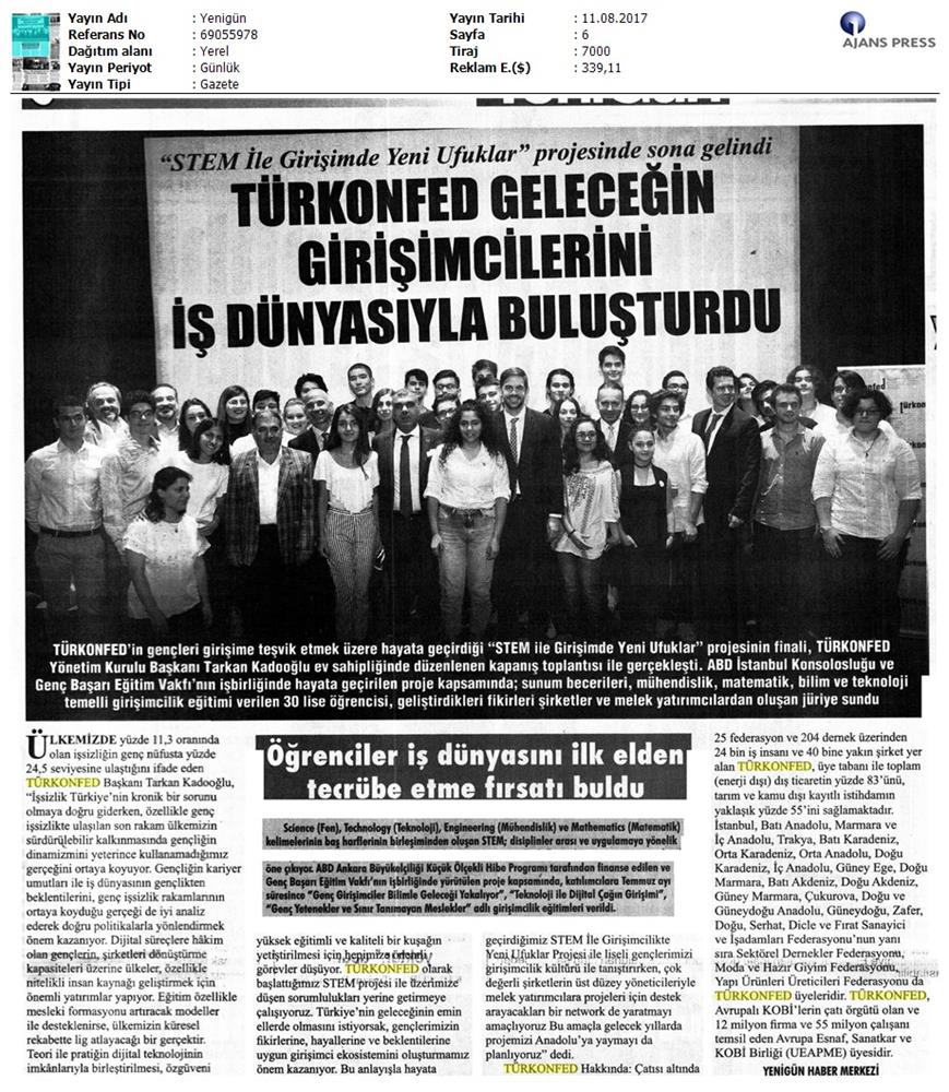 TÜRKONFED STEM Ile Yeni Ufuklar Projesi Kapanis Toplantısı Medya Yansimalari 9 Agustos 2017 - 14