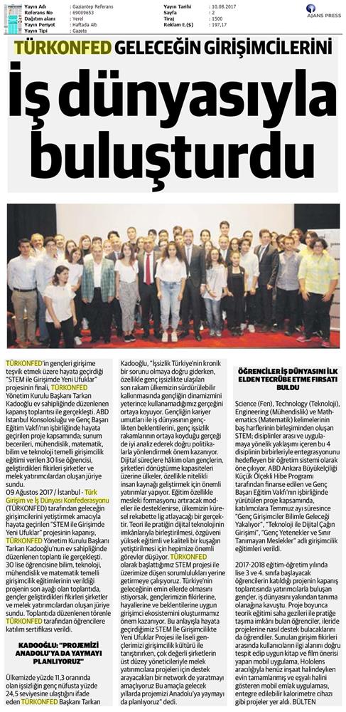 TÜRKONFED STEM Ile Yeni Ufuklar Projesi Kapanis Toplantısı Medya Yansimalari 9 Agustos 2017 - 17