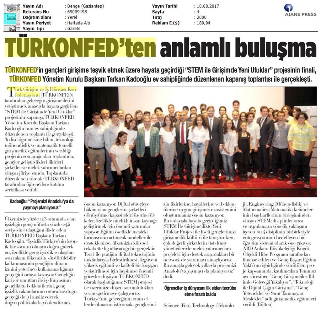 TÜRKONFED STEM Ile Yeni Ufuklar Projesi Kapanis Toplantısı Medya Yansimalari 9 Agustos 2017 - 20