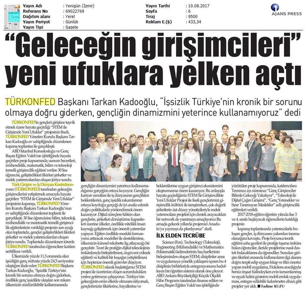 TÜRKONFED STEM Ile Yeni Ufuklar Projesi Kapanis Toplantısı Medya Yansimalari 9 Agustos 2017 - 27