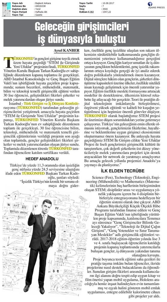 TÜRKONFED STEM Ile Yeni Ufuklar Projesi Kapanis Toplantısı Medya Yansimalari 9 Agustos 2017 - 33