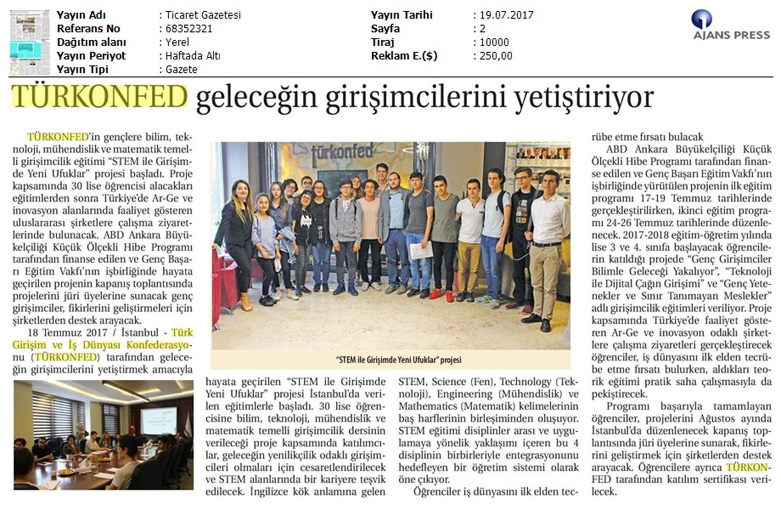 TÜRKONFED STEM Ile Yeni Ufuklar Projesi Medya Yansimalari 19 Temmuz 2017 - 14