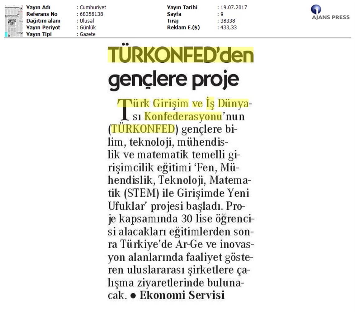 TÜRKONFED STEM Ile Yeni Ufuklar Projesi Medya Yansimalari 19 Temmuz 2017 - 17