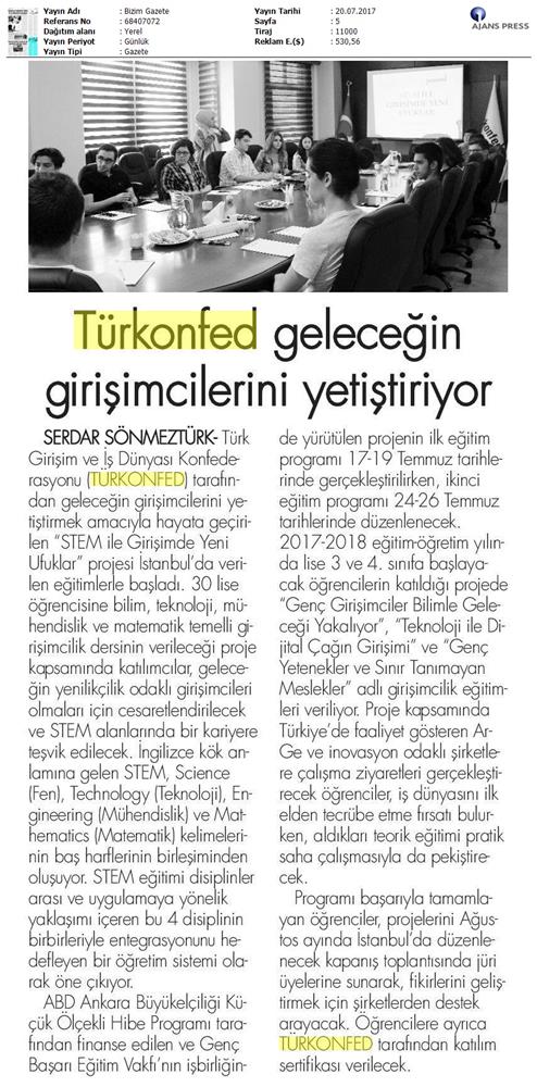 TÜRKONFED STEM Ile Yeni Ufuklar Projesi Medya Yansimalari 19 Temmuz 2017 - 19