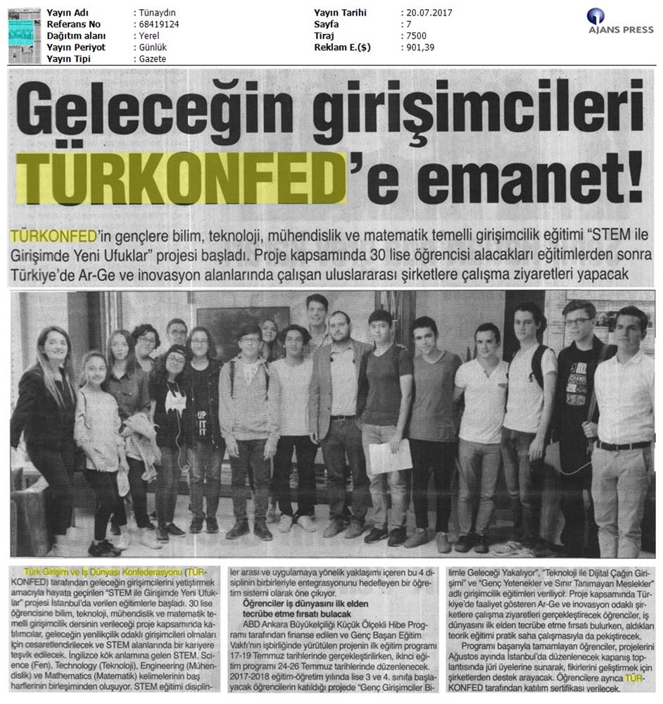TÜRKONFED STEM Ile Yeni Ufuklar Projesi Medya Yansimalari 19 Temmuz 2017 - 20