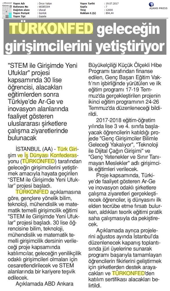 TÜRKONFED STEM Ile Yeni Ufuklar Projesi Medya Yansimalari 19 Temmuz 2017 - 24