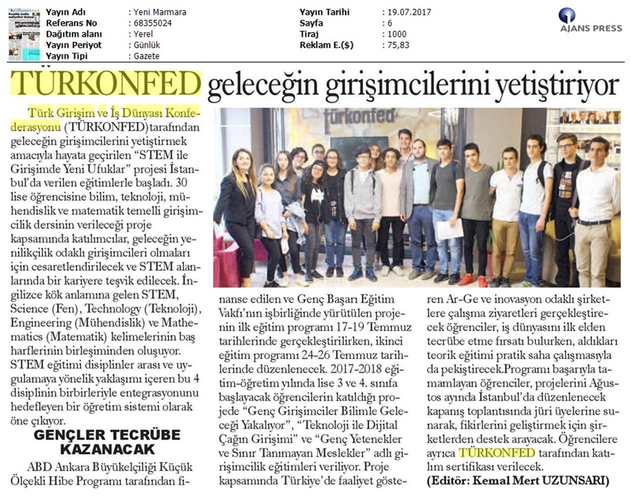 TÜRKONFED STEM Ile Yeni Ufuklar Projesi Medya Yansimalari 19 Temmuz 2017 - 25