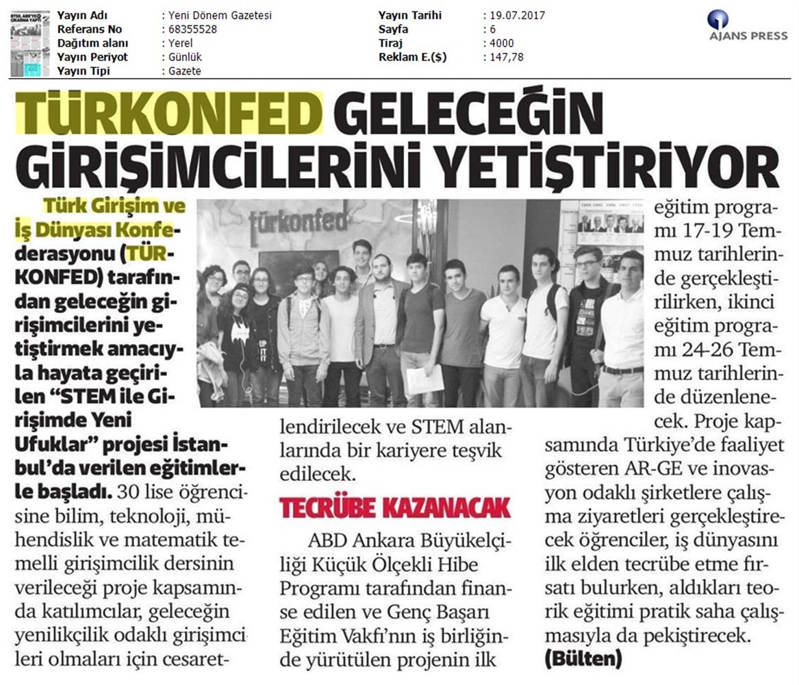 TÜRKONFED STEM Ile Yeni Ufuklar Projesi Medya Yansimalari 19 Temmuz 2017 - 26
