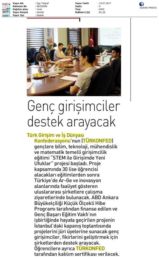TÜRKONFED STEM Ile Yeni Ufuklar Projesi Medya Yansimalari 19 Temmuz 2017 - 28