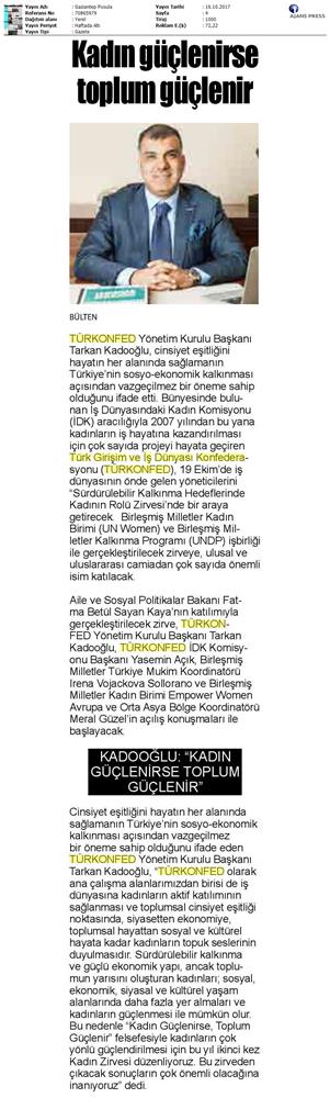 TÜRKONFED Surdurulebilir Kalkinma Hedeflerinde Kadinin Rolu Zirvesi On Medya Yansimalari 16 17 Ekim 2017 - 2
