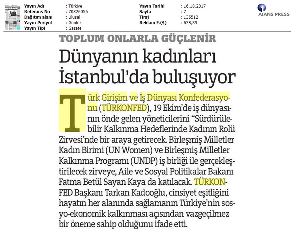 TÜRKONFED Surdurulebilir Kalkinma Hedeflerinde Kadinin Rolu Zirvesi On Medya Yansimalari 16 17 Ekim 2017 - 7