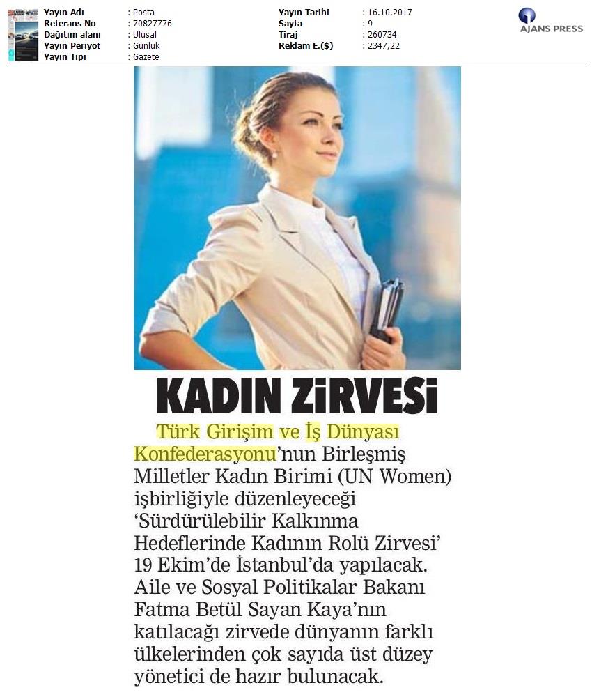 TÜRKONFED Surdurulebilir Kalkinma Hedeflerinde Kadinin Rolu Zirvesi On Medya Yansimalari 16 17 Ekim 2017 - 10