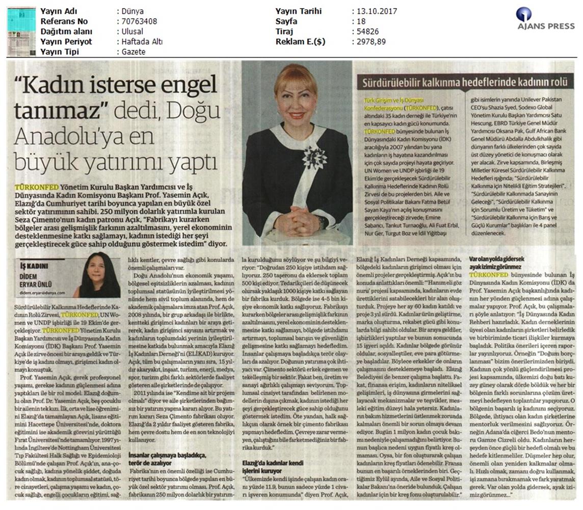 TÜRKONFED Surdurulebilir Kalkinma Hedeflerinde Kadinin Rolu Zirvesi On Medya Yansimalari 16 17 Ekim 2017 - 12