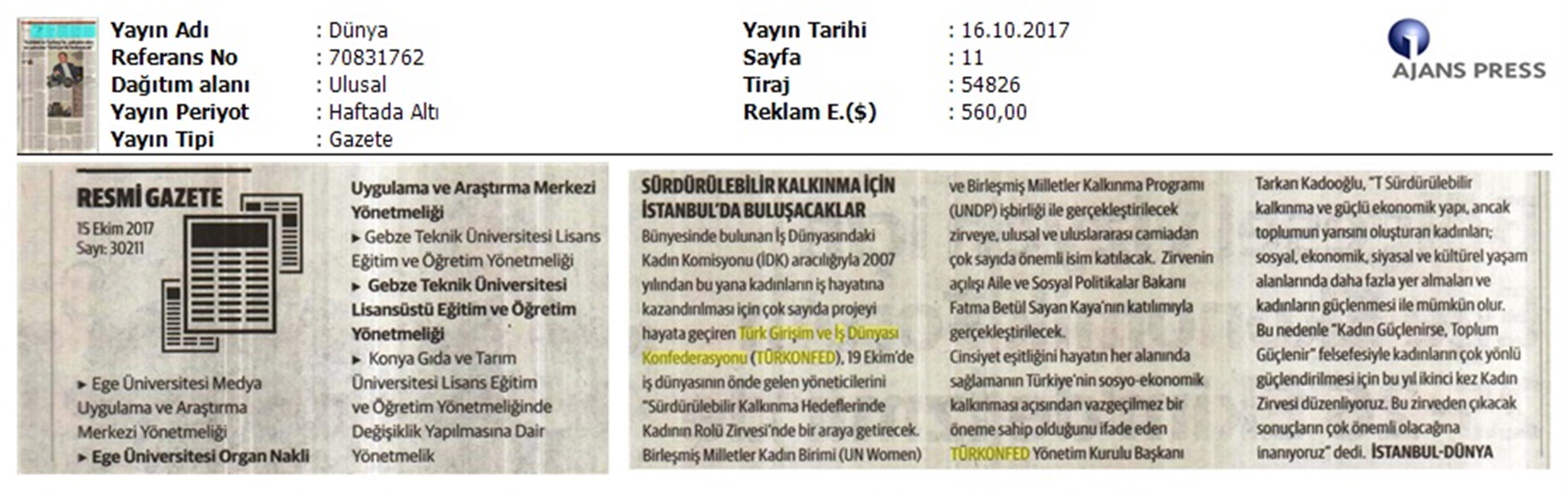 TÜRKONFED Surdurulebilir Kalkinma Hedeflerinde Kadinin Rolu Zirvesi On Medya Yansimalari 16 17 Ekim 2017 - 15