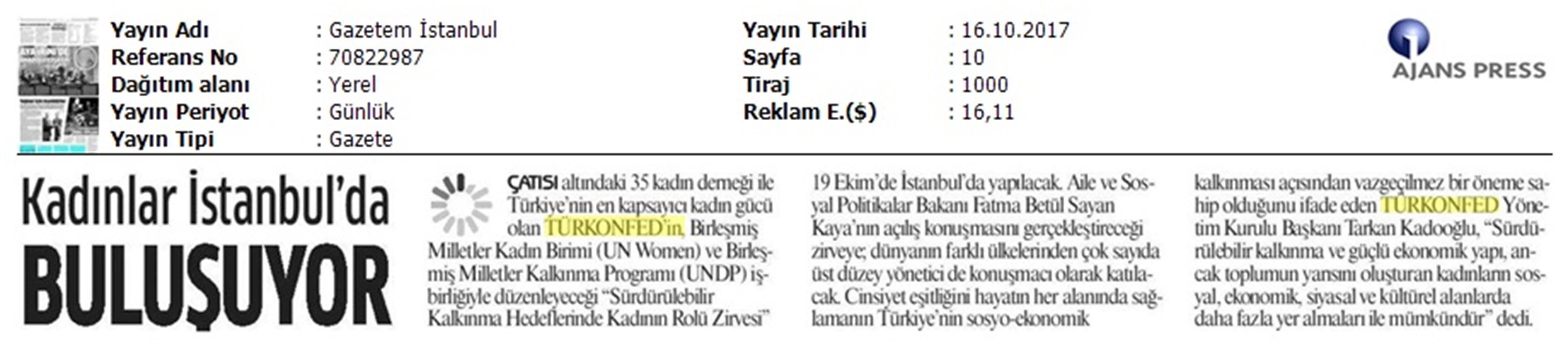 TÜRKONFED Surdurulebilir Kalkinma Hedeflerinde Kadinin Rolu Zirvesi On Medya Yansimalari 16 17 Ekim 2017 - 17