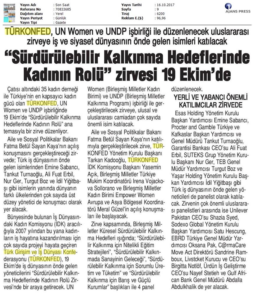 TÜRKONFED Surdurulebilir Kalkinma Hedeflerinde Kadinin Rolu Zirvesi On Medya Yansimalari 16 17 Ekim 2017 - 24