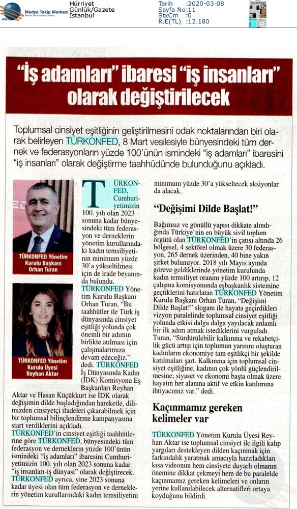 TÜRKONFED Toplumsal Cinsiyet Esitligi Taahhudu Medya Yansimalari 4 Mart 2020 - 1