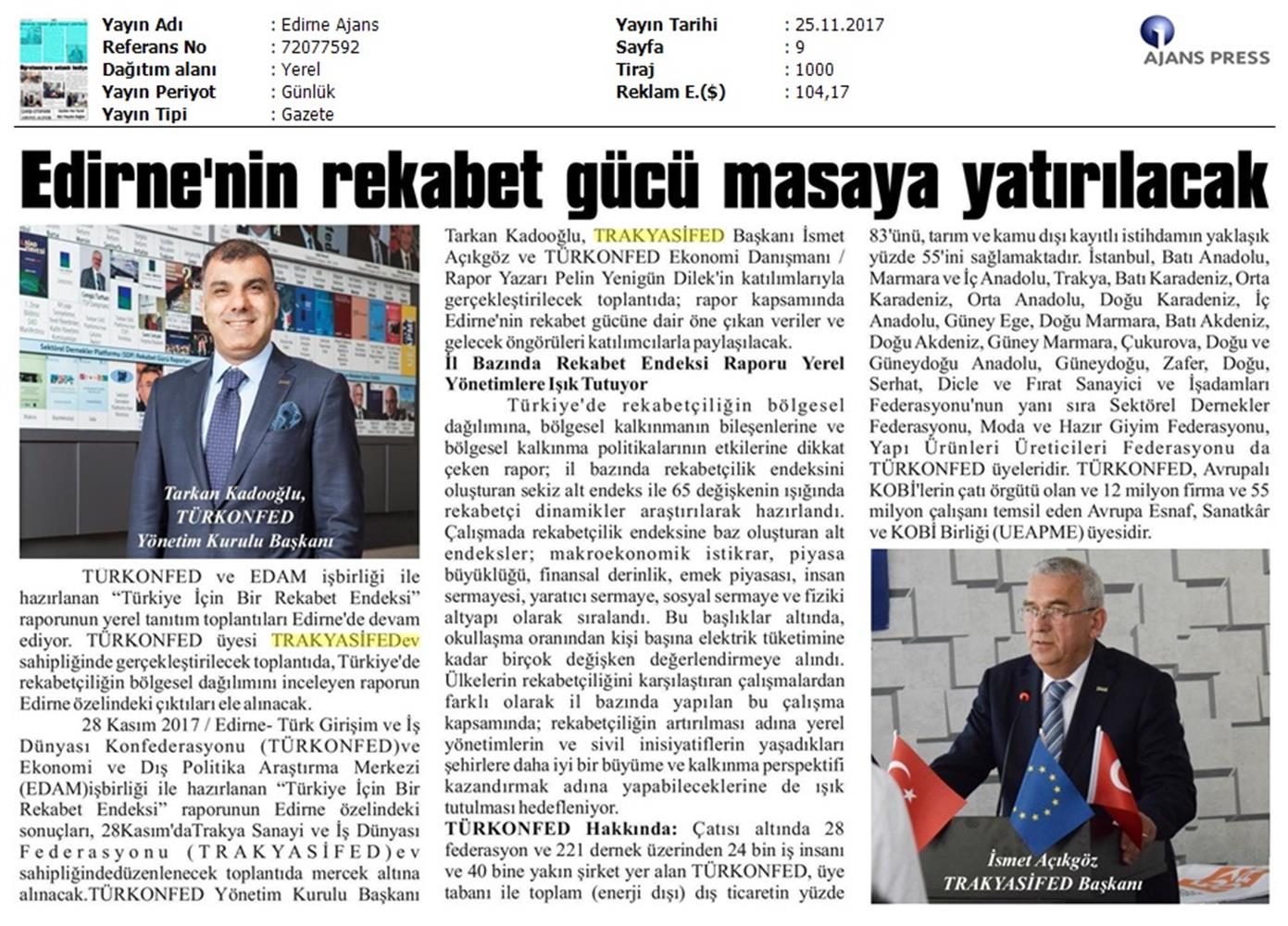 TÜRKONFED Trakyasifed Edirne Rekabet Endeksi Toplantısı Medya Yansimalari 28 Kasim 2017 - 1