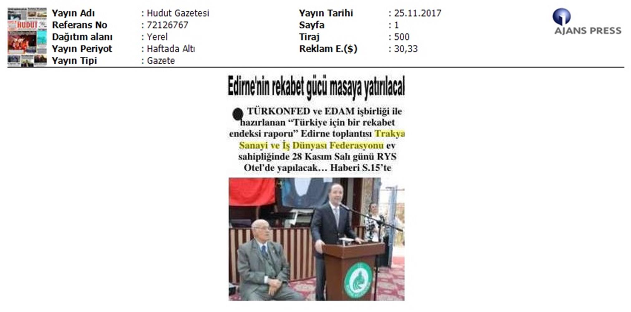 TÜRKONFED Trakyasifed Edirne Rekabet Endeksi Toplantısı Medya Yansimalari 28 Kasim 2017 - 3
