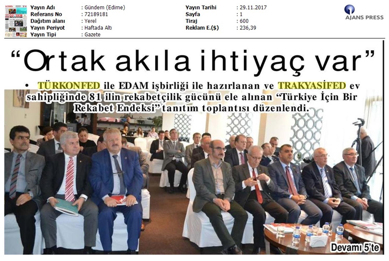 TÜRKONFED Trakyasifed Edirne Rekabet Endeksi Toplantısı Medya Yansimalari 28 Kasim 2017 - 9