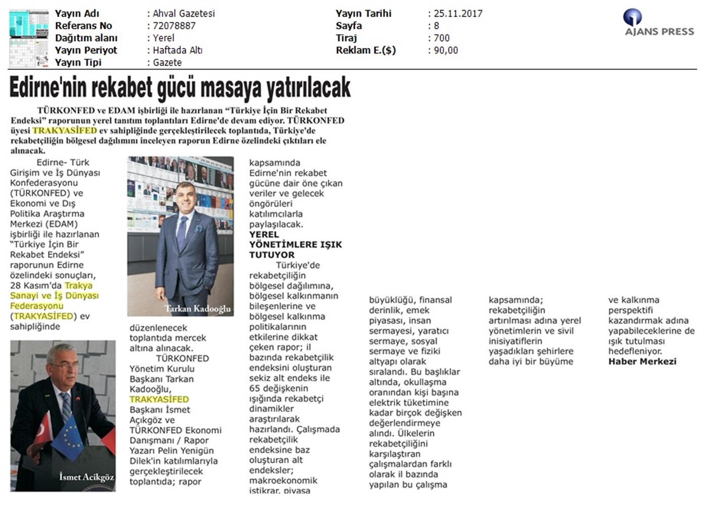 TÜRKONFED Trakyasifed Edirne Rekabet Endeksi Toplantısı Medya Yansimalari 28 Kasim 2017 - 12