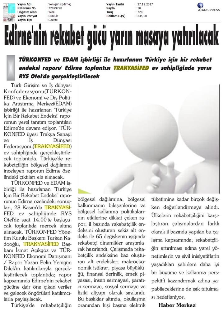 TÜRKONFED Trakyasifed Edirne Rekabet Endeksi Toplantısı Medya Yansimalari 28 Kasim 2017 - 14