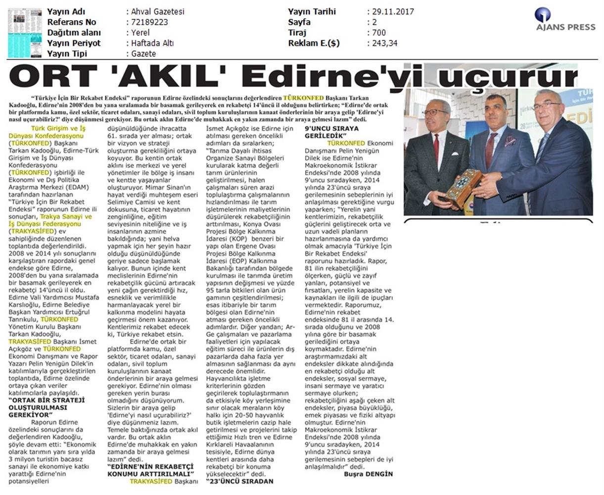 TÜRKONFED Trakyasifed Edirne Rekabet Endeksi Toplantısı Medya Yansimalari 28 Kasim 2017 - 17