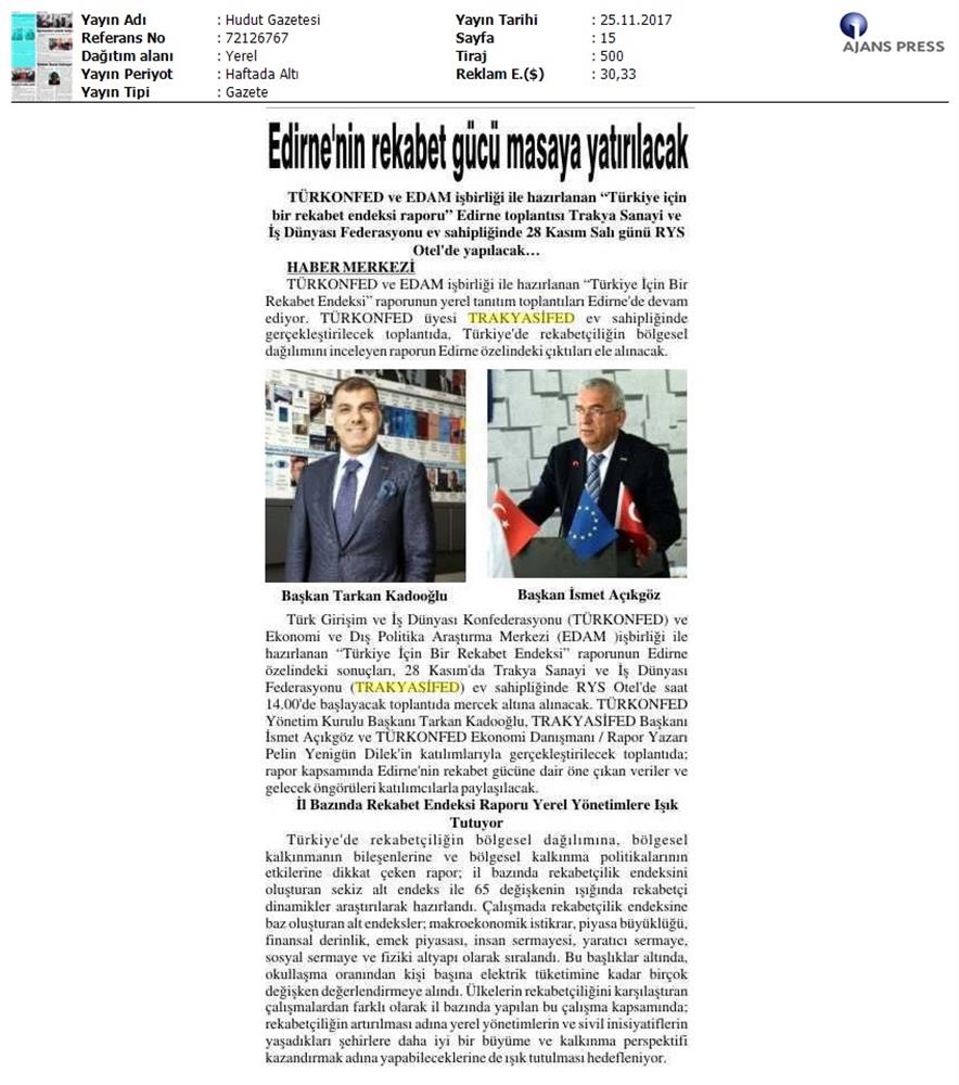 TÜRKONFED Trakyasifed Edirne Rekabet Endeksi Toplantısı Medya Yansimalari 28 Kasim 2017 - 18
