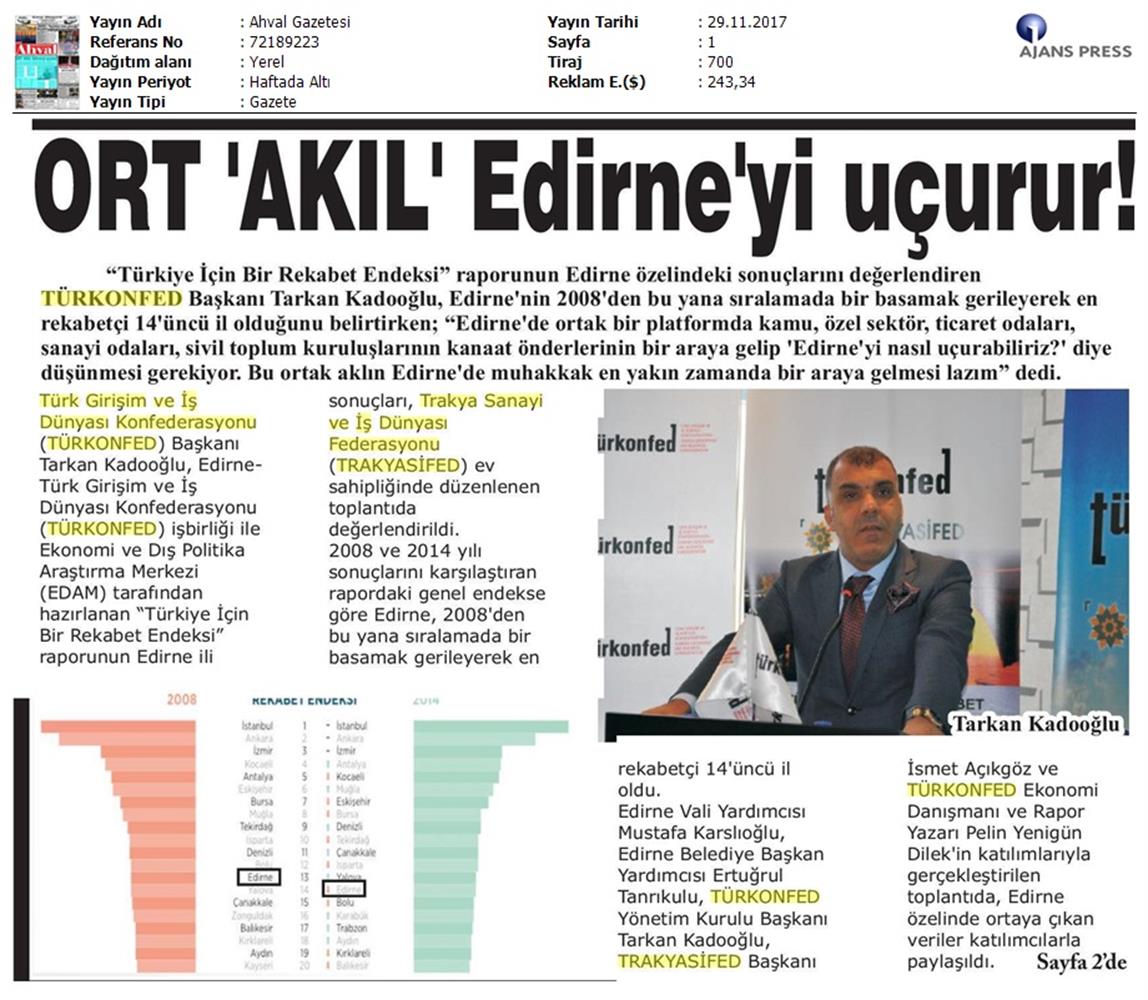 TÜRKONFED Trakyasifed Edirne Rekabet Endeksi Toplantısı Medya Yansimalari 28 Kasim 2017 - 21