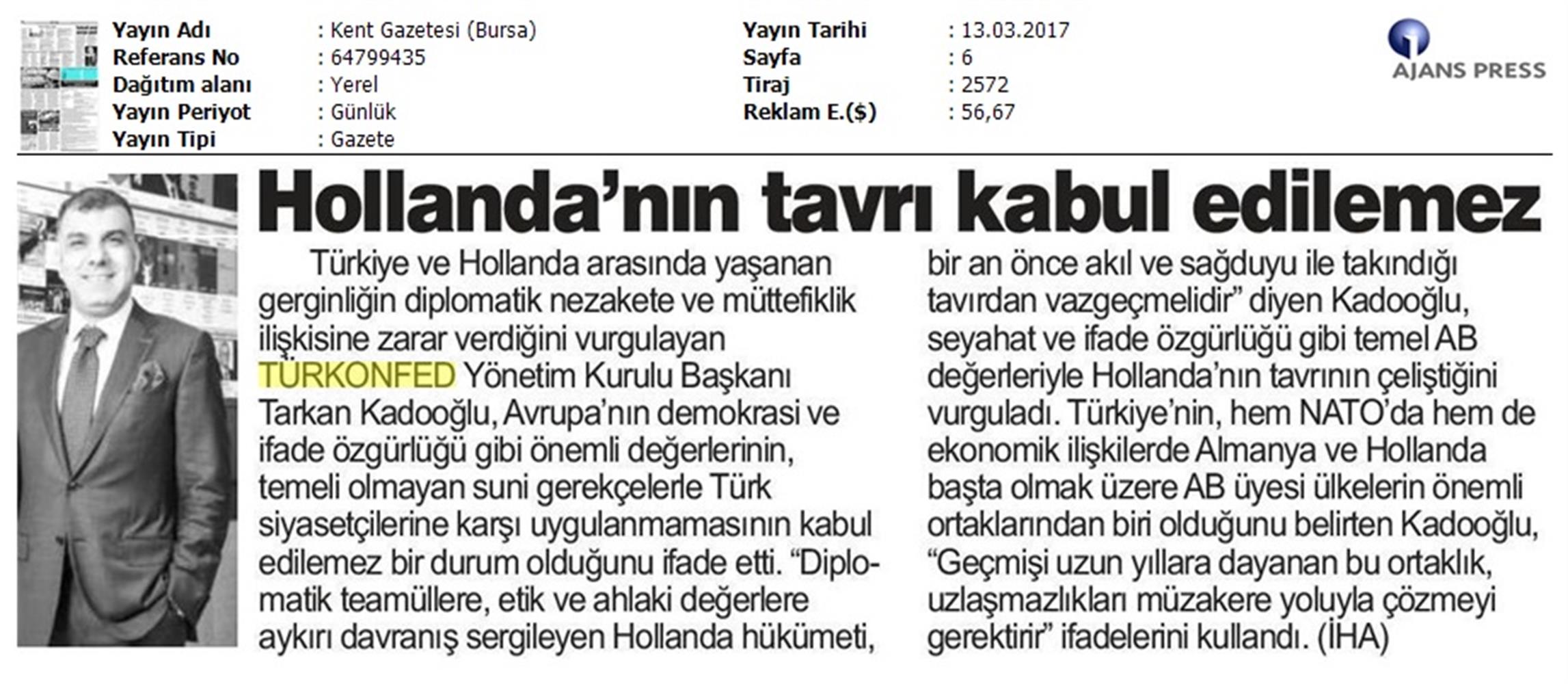 TÜRKONFED Türkiye Hollanda Diplomatik Kriz Basin Aciklamasi Medya Yansimalari 13 Mart 2017 - 4