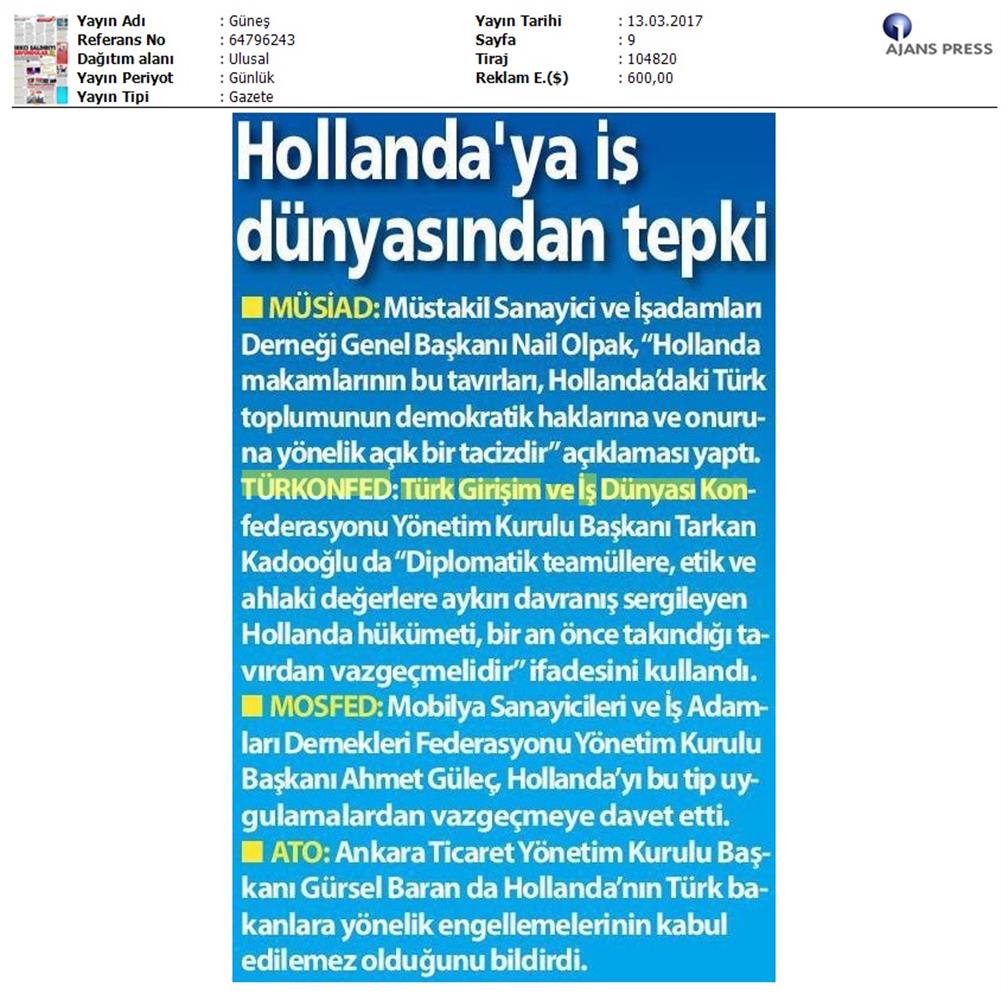 TÜRKONFED Türkiye Hollanda Diplomatik Kriz Basin Aciklamasi Medya Yansimalari 13 Mart 2017 - 11
